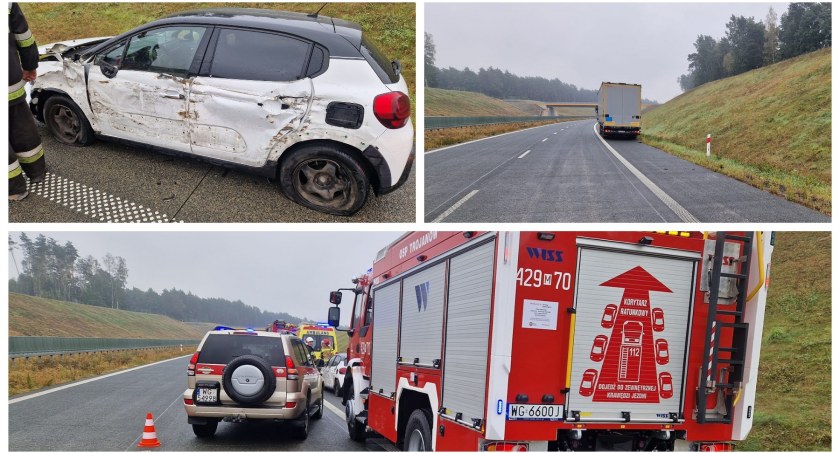 Zdjęcie przedstawia nowe Volvo OSP Trojanów przy zdarzeniu na S17