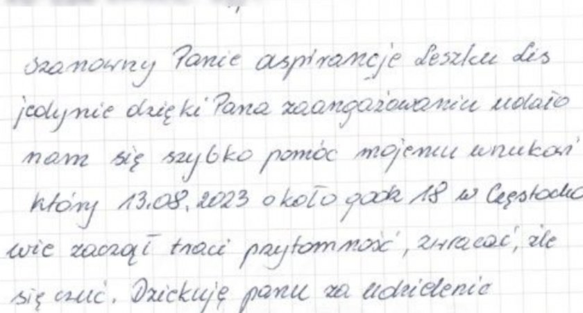 Zdjęcie: Babcia w liście dziękuje policjantowi za uratowanie wnuka