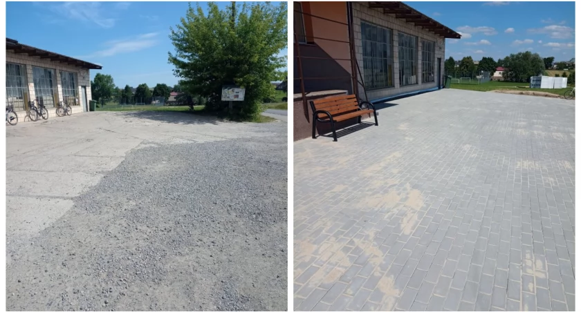 Fot. Na zdjęciu plac przy świetlicy wiejskiej przed i po modernizacji