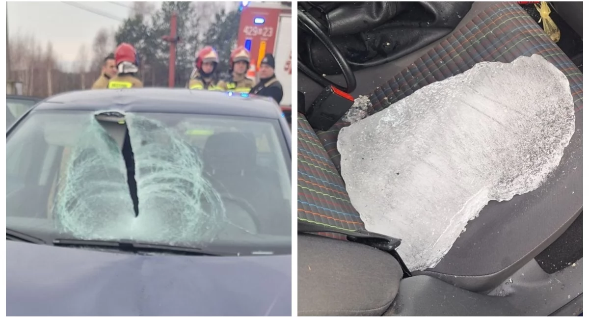 Wypadki drogowe , Bryła przebiła szybę auta! Pasażerka obrażeniami twarzoczaszki! - zdjęcie, fotografia