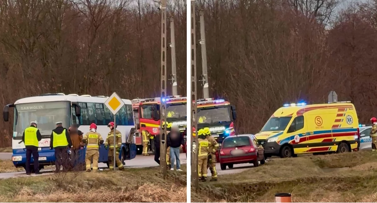 Wypadki drogowe , Autobus zderzył osobówką - zdjęcie, fotografia