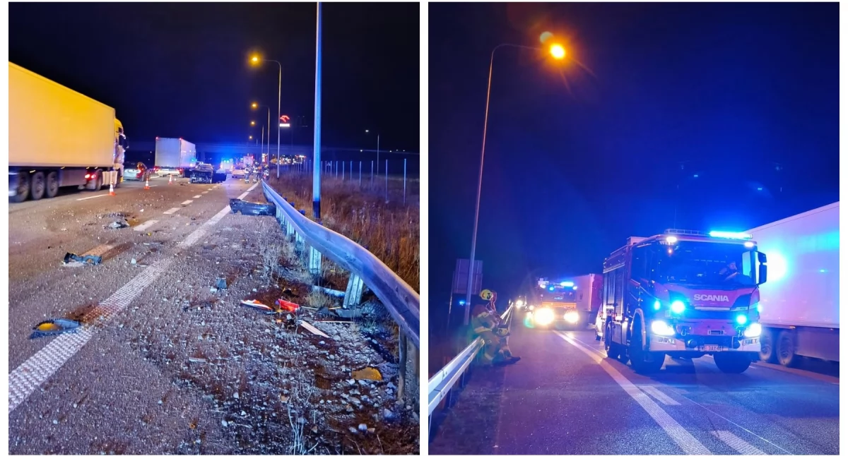 Wypadki drogowe , Nocny wypadek ekspresówce Zderzenie ciężarówki dwóch osobówek - zdjęcie, fotografia
