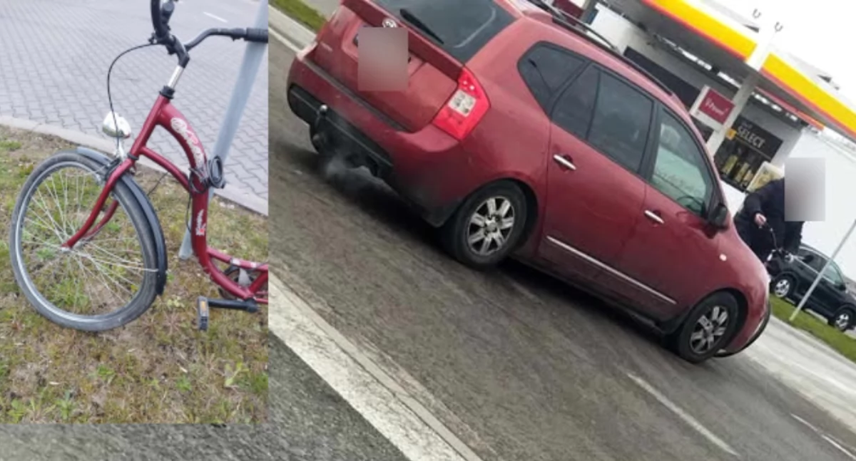 Wypadki drogowe , Kolizja rowerzysty osobówką stacji Shell - zdjęcie, fotografia