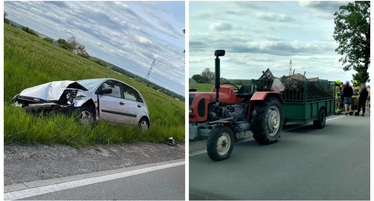 Wypadki drogowe , Kolizja samochodu osobowego ciągnikiem - zdjęcie, fotografia