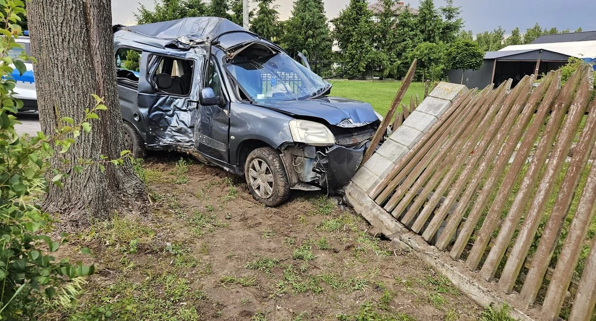 Wypadki drogowe , Kierowca ponad promilami wjechał drzewo ogrodzenie - zdjęcie, fotografia