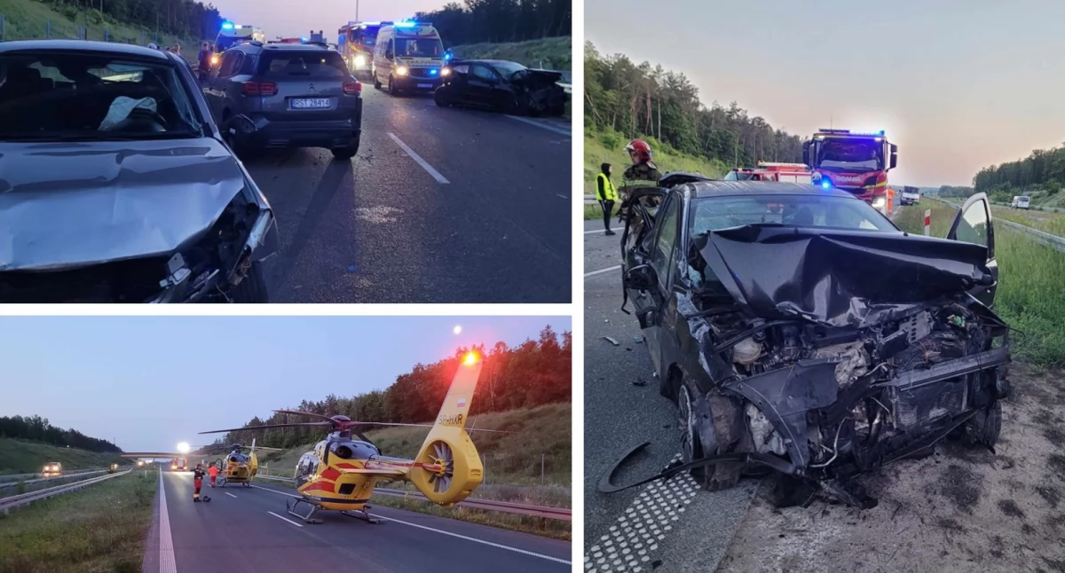 Wypadki drogowe , Wypadek zderzyły samochody Podróżowało osób Lądowały śmigłowce - zdjęcie, fotografia
