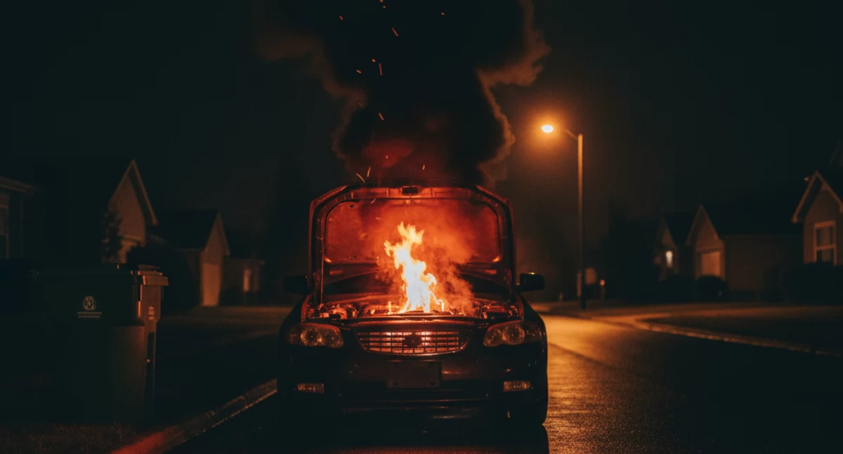 Pożary - interwencje straży, Nocny pożar samochodu Pierwsi gasili mieszkańcy - zdjęcie, fotografia