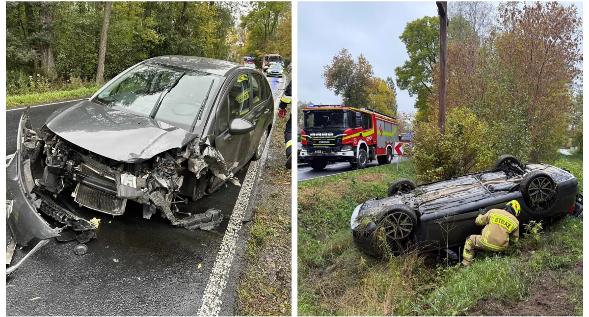 Wypadki drogowe , Wypadek Zderzenie dachowanie jedna osoba poszkodowana - zdjęcie, fotografia