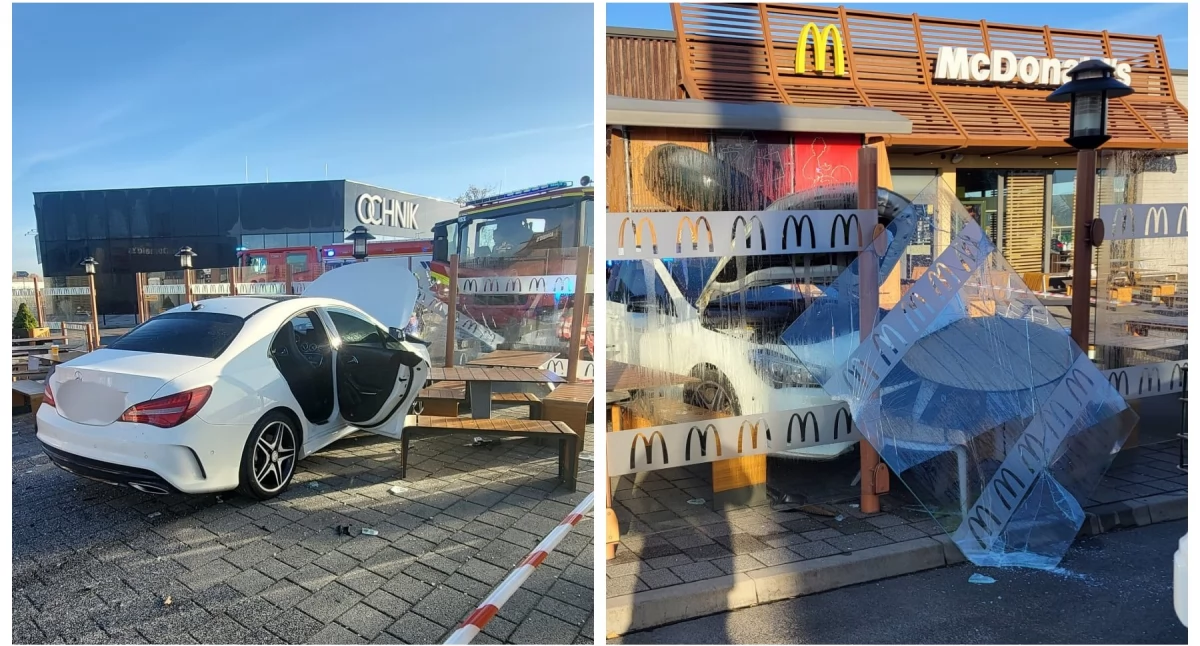 Wypadki drogowe , Mercedesem wjechała ogrodzenie ogródka McDonalds - zdjęcie, fotografia