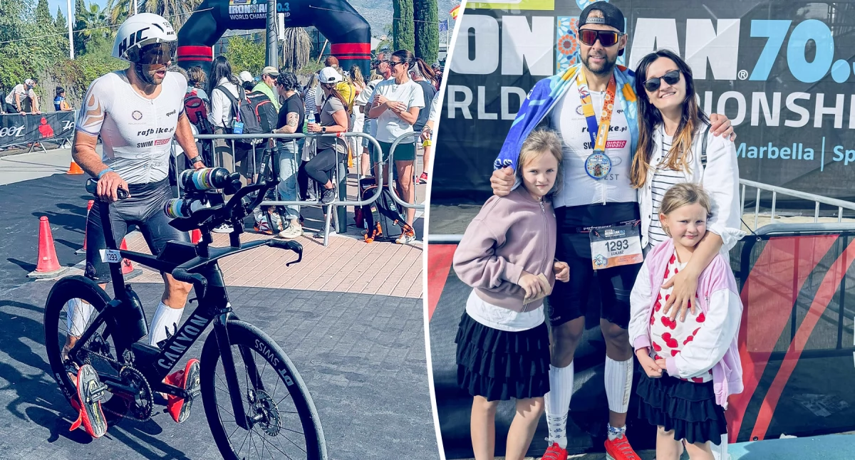 Zdjcie: Łukasz Biernacki na mecie z żoną i córkami