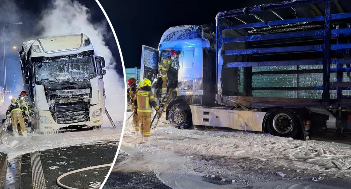 Pożary - interwencje straży, Pożar ciężarówki trasie Nocna akcja służb Trojanowie - zdjęcie, fotografia