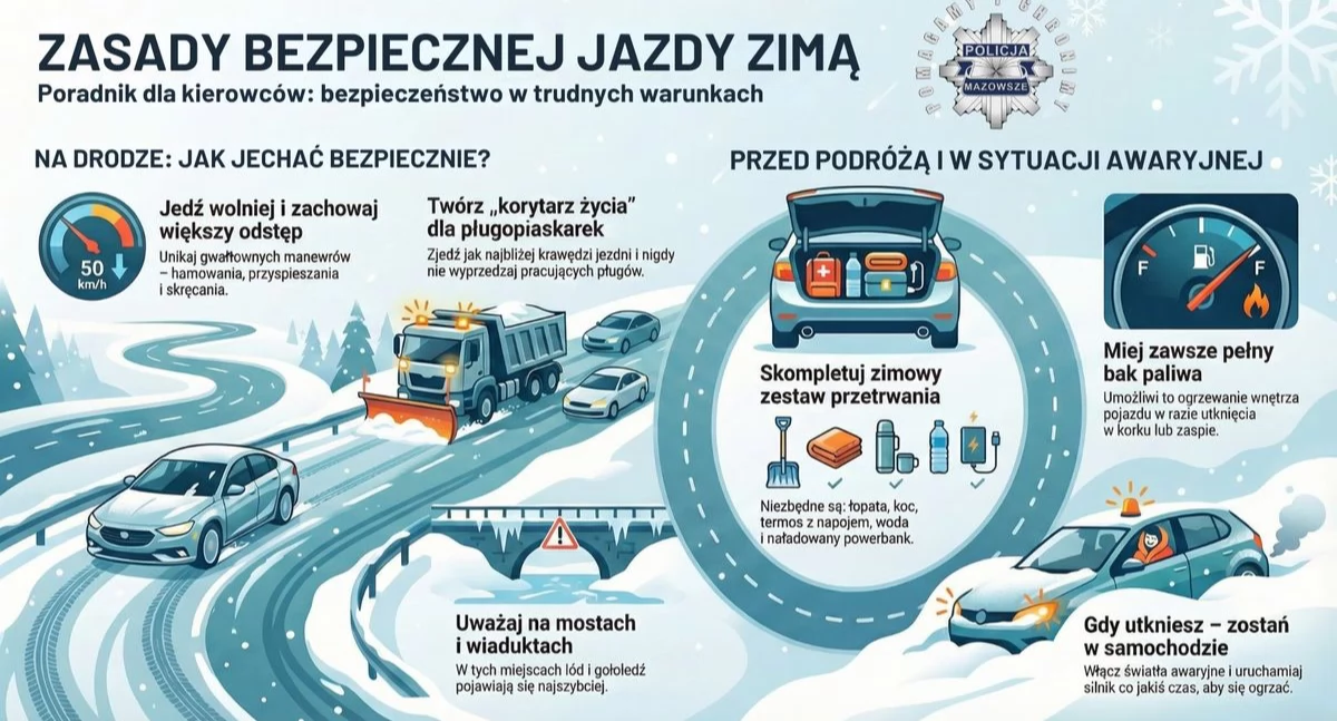 Komunikaty policji , Zimowa jazda kontrolą uniknąć poślizgów zagrożeń śliskich drogach - zdjęcie, fotografia