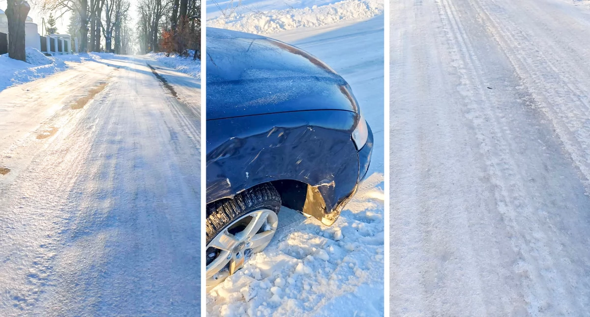 Interwencje Powiat, Śliska droga Nowej Krępie wpadło poślizg uderzyło drzewo - zdjęcie, fotografia