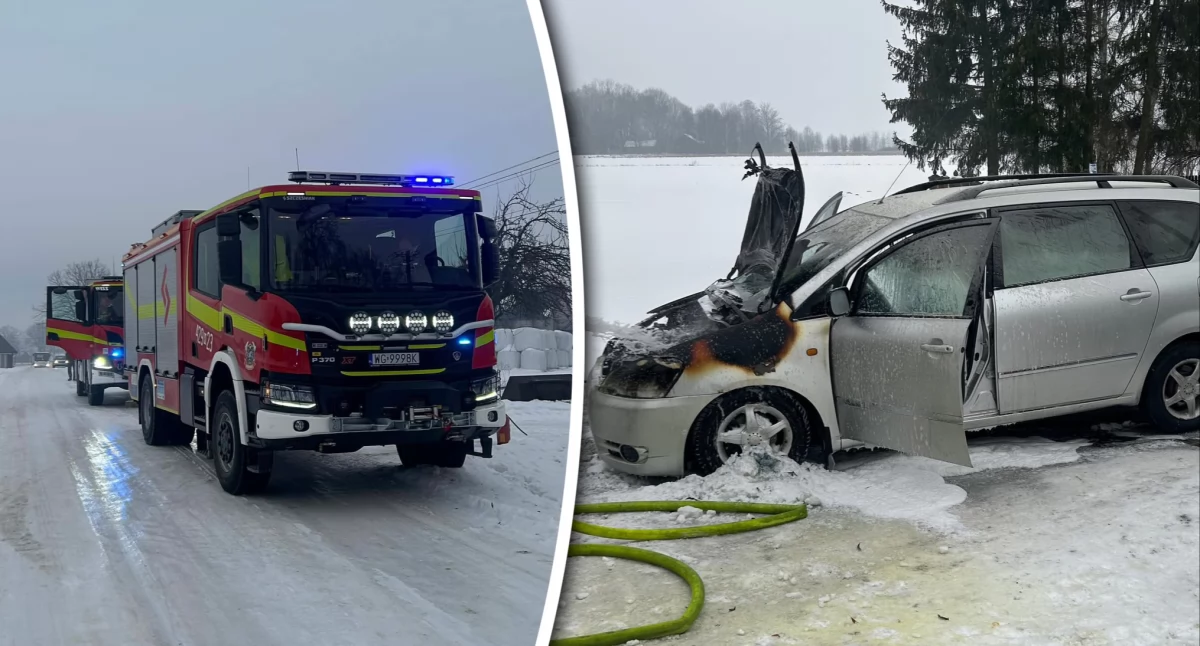 Pożary - interwencje straży, Samochód stanął ogniu zastępy straży pożarnej akcji - zdjęcie, fotografia