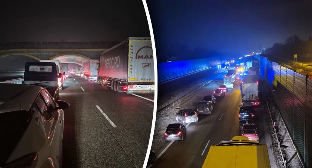 Wypadki drogowe , Zablokowana trasa zderzeniu ciężarówek - zdjęcie, fotografia