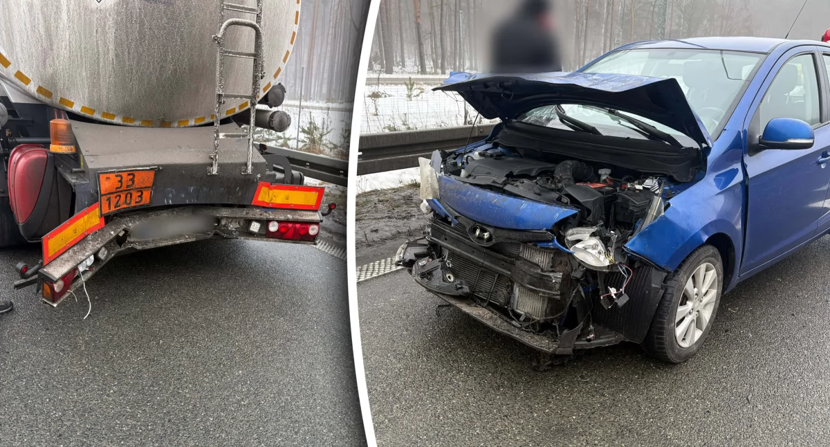 Wypadki drogowe , Osobówką wjechał naczepę Poważna kolizja - zdjęcie, fotografia