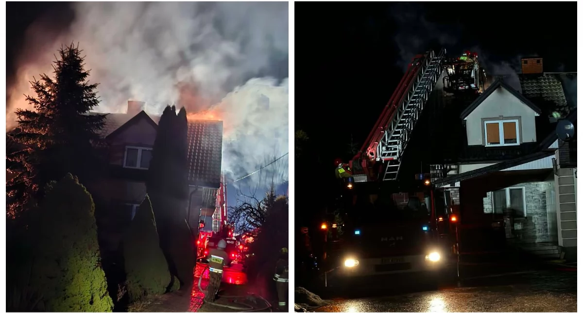 Pożary - interwencje straży, Pożar wybuchł wieczorem Ogień gasiło zastępów straży - zdjęcie, fotografia
