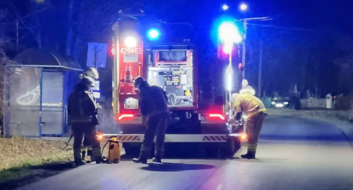 Pożary - interwencje straży, Niebezpieczna plama drodze Zwoli Poduchownej usunięta przez strażaków - zdjęcie, fotografia