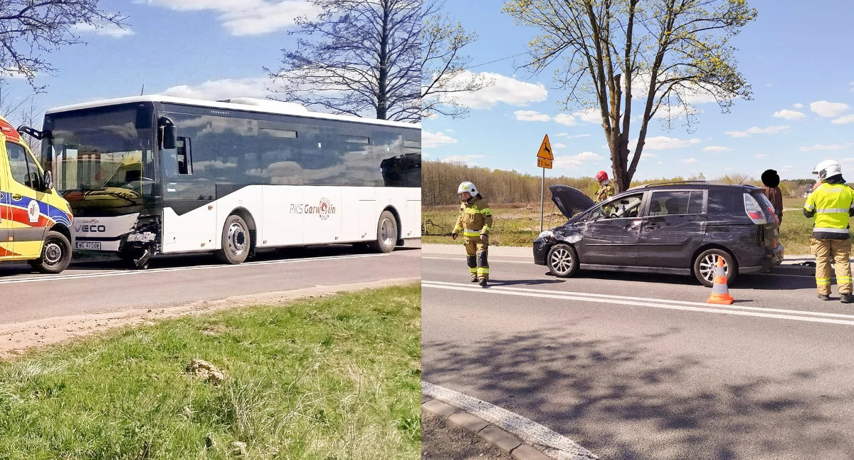 Wypadki drogowe , Zderzenie autobusu autem Sześć osób uczestniczyło zdarzeniu - zdjęcie, fotografia