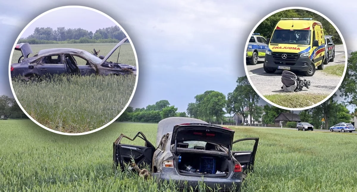 Zdjęcie: Dyżurny w Dęblinie odebrał zgłoszenie o wypadku w miejscowości Piotrowice (gm. Stężyca) – kierujący Audi stracił panowanie nad pojazdem, zjechał z drogi i dachował na polu