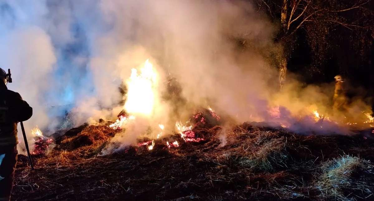 Pożary - interwencje straży, Pożar słomy akcji pięć zastępów straży pożarnej - zdjęcie, fotografia