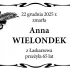  22 grudnia 2025 r. zmarła  Anna Wielondek  z Łaskarzewa, przeżyła 65 lat 
