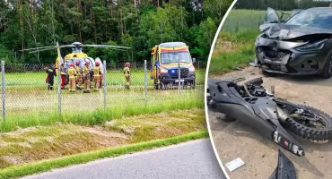 Motocyklista na crossie zderzył się czołowo z autem na drodze szutrowej. Lądował śmigłowiec LPR